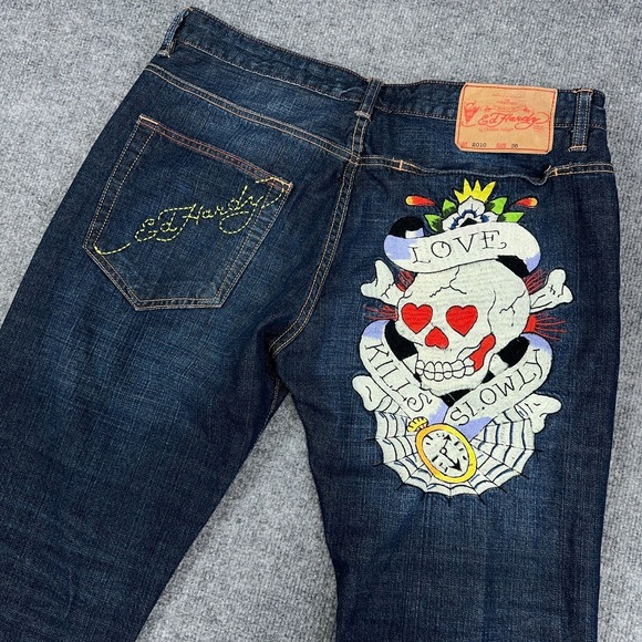 Ed Hardy Other - Vintage Ed Hardy Jeans Men 36x32 Embroidered Skull Crossbones Hearts Y2K